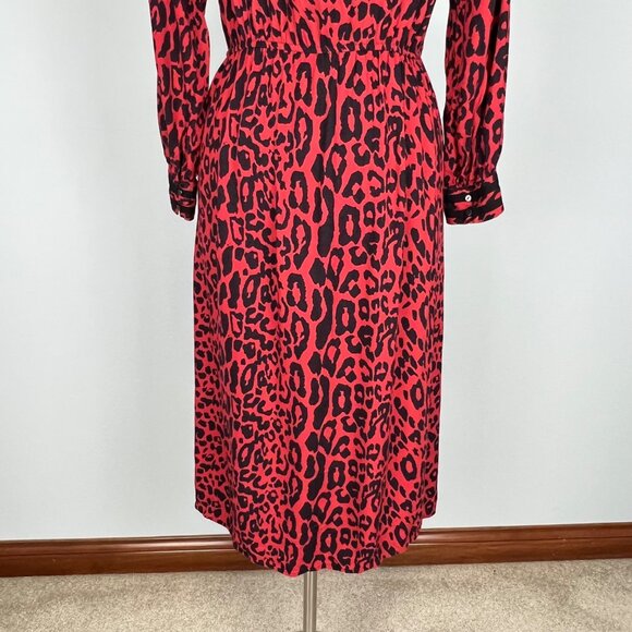 Zara Womens Red Leopard Print Midi Dress Tie Neck Long Sleeves size Medium - Picture 11 of 16